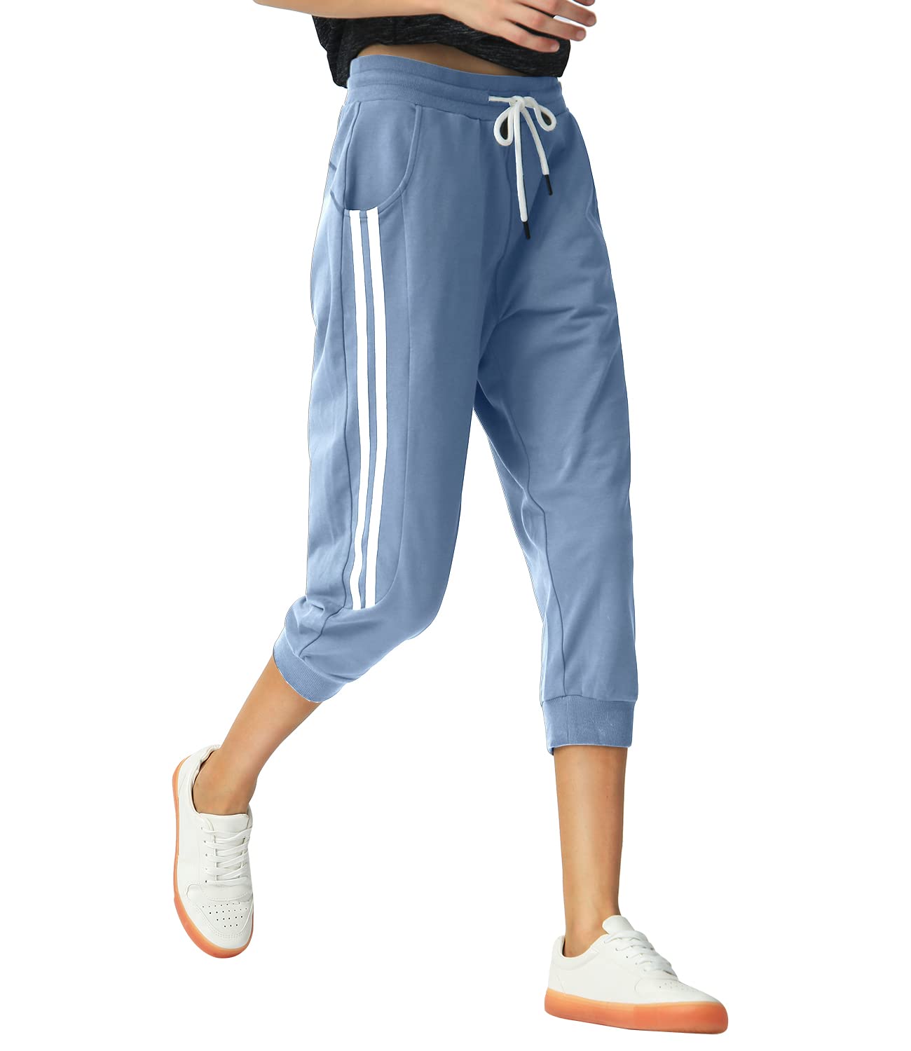 SPECIALMAGIC Women's Capri Pants Cropped Joggers with Pockets Elastic Waist Drawstring Capri Sweatpants Dusty Blue Large