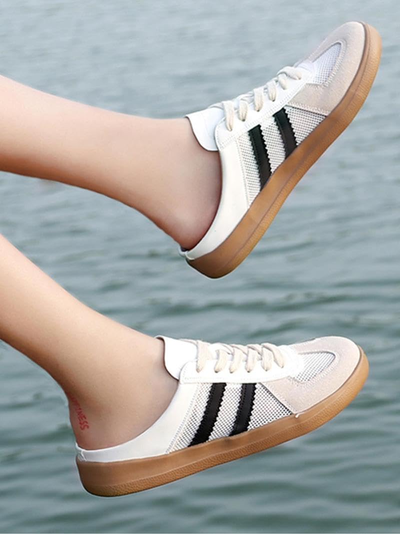 Geerta Women's Fashionable Contrast Mesh Design Lace Up Walking Shoes, Casual Slides Breathable Comfortable Sports Shoes, Female All-Match Round Toe Slip On for Daily Wear Girl (Black and White,6)