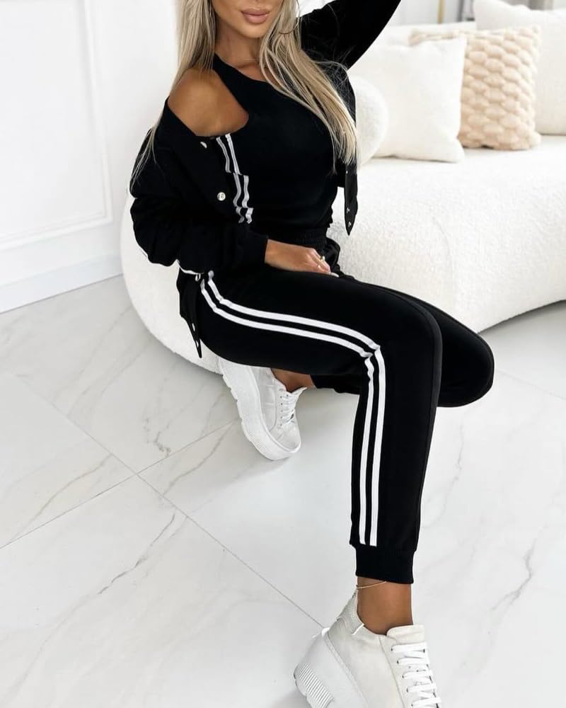CHICME Women's Three Piece Outfits Striped Tape Patch Tank Tops Bomber Jacket with Sporty Pants Tracksuit Lounge Sets-bk-L