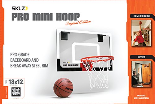 SKLZ Pro Mini Basketball Hoop - 18" x 12" Clear, Shatterproof Backboard, Breakaway Rim, Heavy Duty Net, & 5" Ball - Easy Mount Padded, Slide-On Over-Door Mounts - Suitable for Office, Dorm, Bedroom