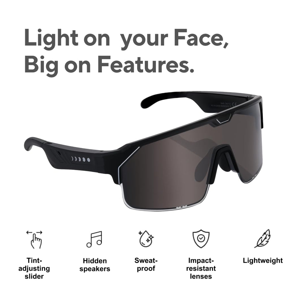 CHAMELO Music Shield Smart Audio Sunglasses – Matte Black Frame, Smoke Lenses | Open-Ear Bluetooth Glasses for Men & Women with Electronic Tint Control, Sweat Proof, Sports Eyewear, 100% UV Protection