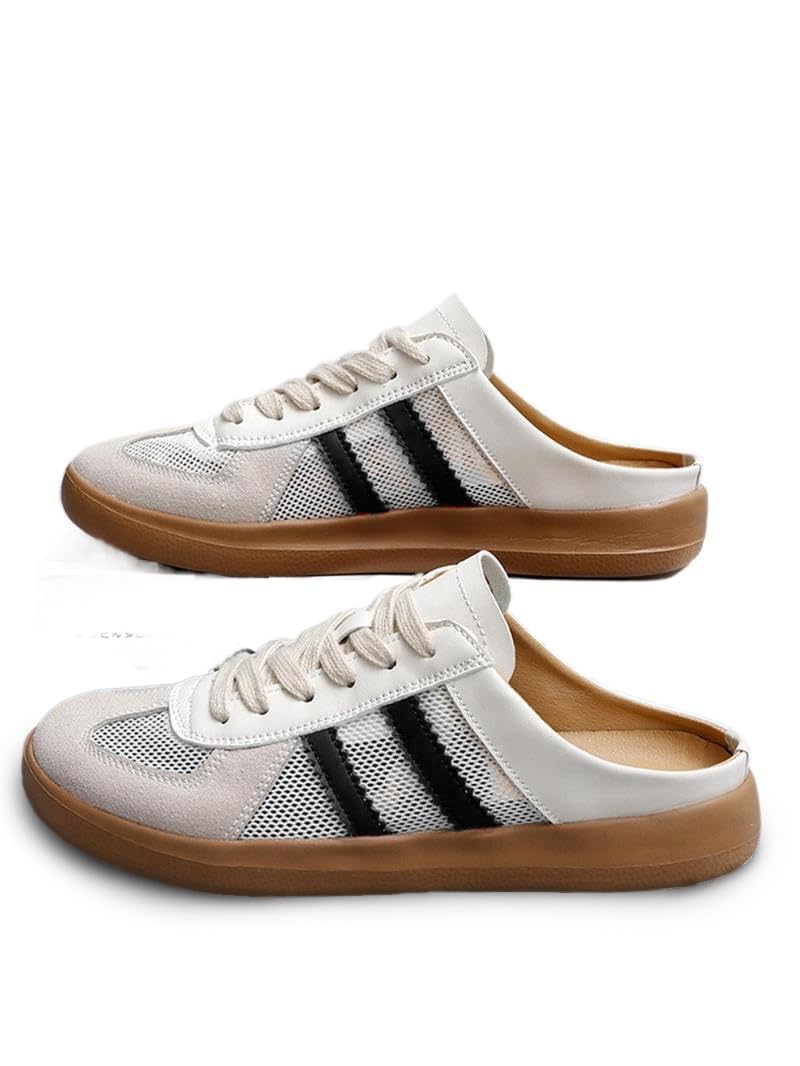 Geerta Women's Fashionable Contrast Mesh Design Lace Up Walking Shoes, Casual Slides Breathable Comfortable Sports Shoes, Female All-Match Round Toe Slip On for Daily Wear Girl (Black and White,6)