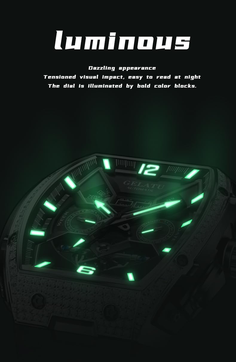OLEVS GELATU Men Watch Automatic Tonneau Watch Skeleton Mechanical 50M Waterproof Sapphire Crystal Square Face Multi Calendar Function (Black)
