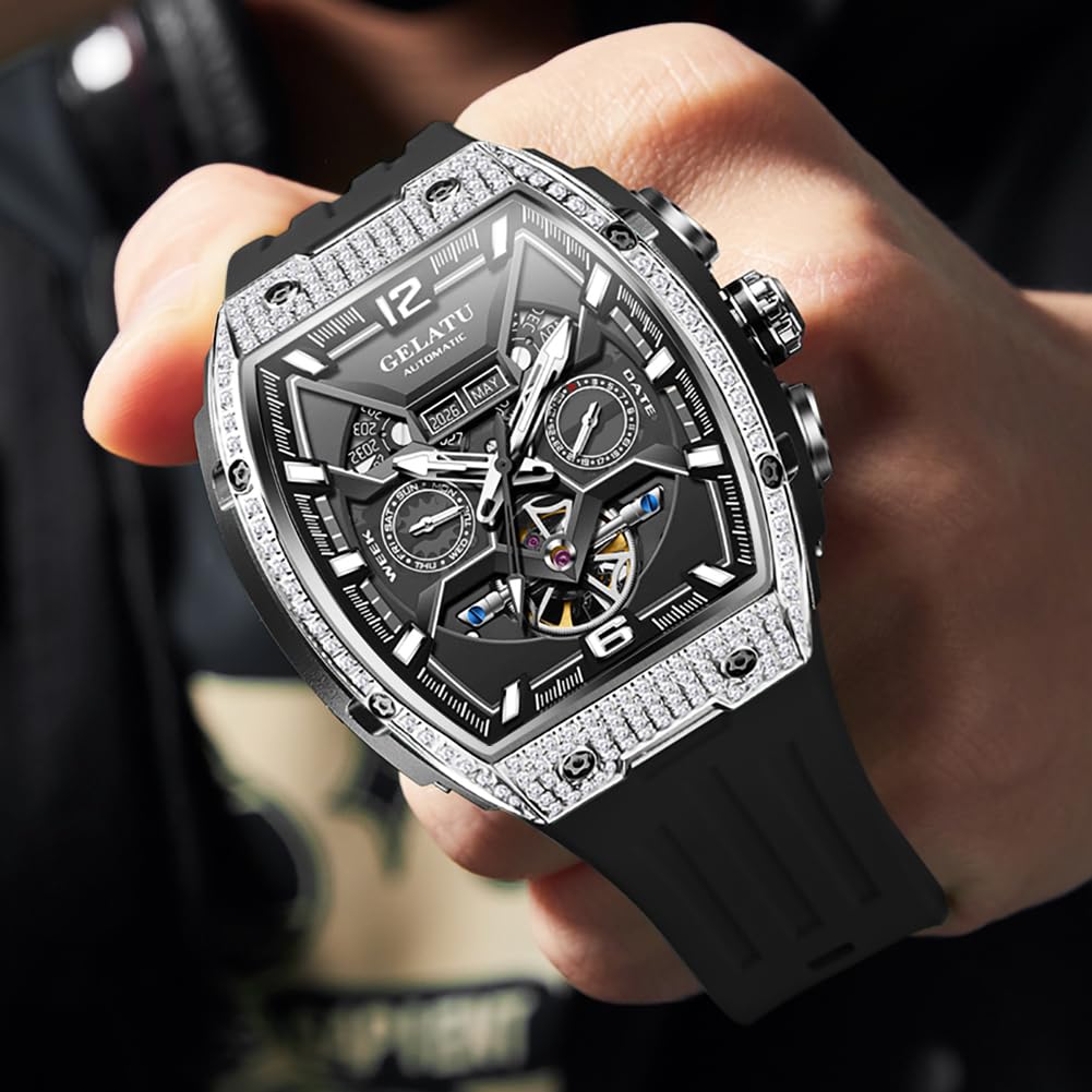 OLEVS GELATU Men Watch Automatic Tonneau Watch Skeleton Mechanical 50M Waterproof Sapphire Crystal Square Face Multi Calendar Function (Black)