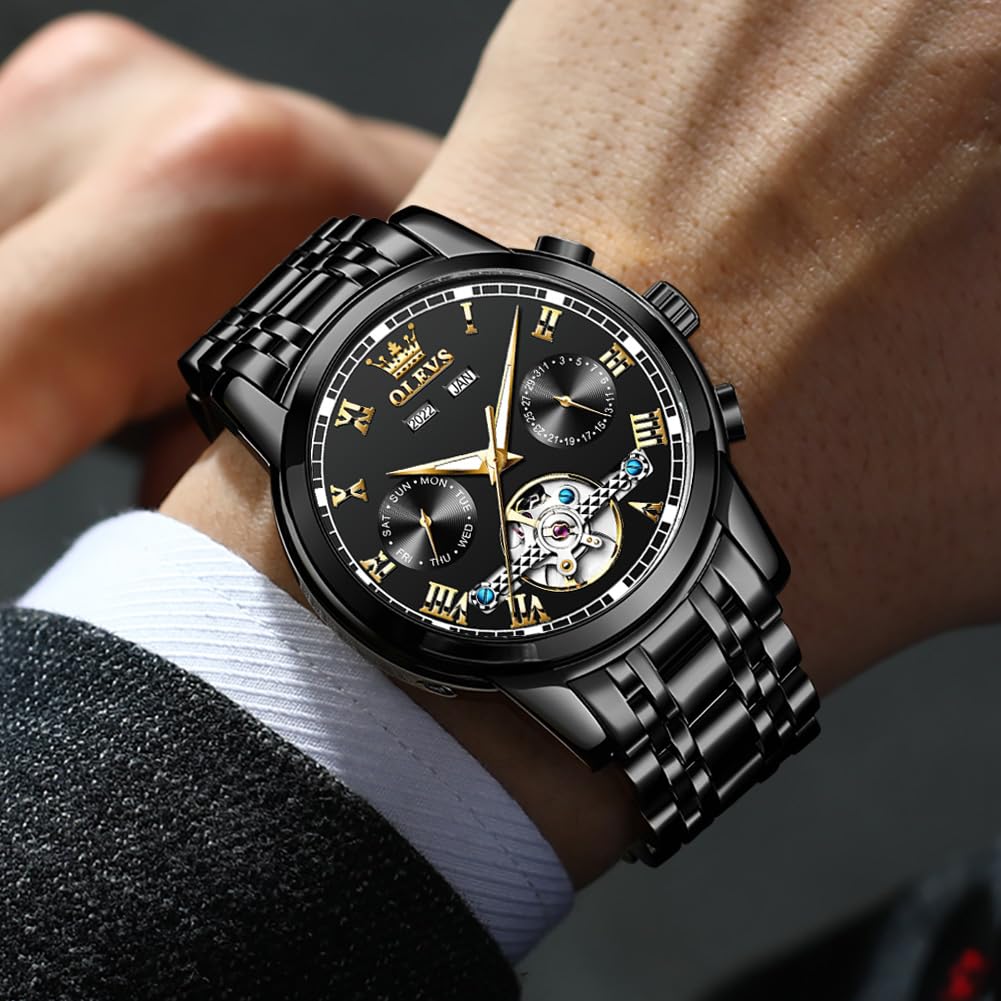 OLEVS Watch Men Skeleton Watch Self Winding Automatic Luxury Mechanical All Black Watches for Men Chronograph Wrist Watch Skeleton Sports Dress Analog Mens Watches Big Face Stainless Steel Relojes Automáticos Para Hombre Originales