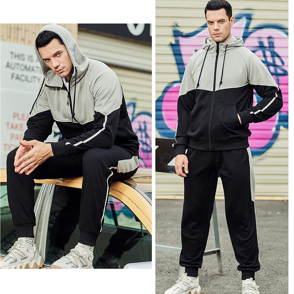CALUOMATT Tracksuit Men, Casual Outfit Athletic Sweatsuits for Men Jogging Suits Sets 2 pcs Black L