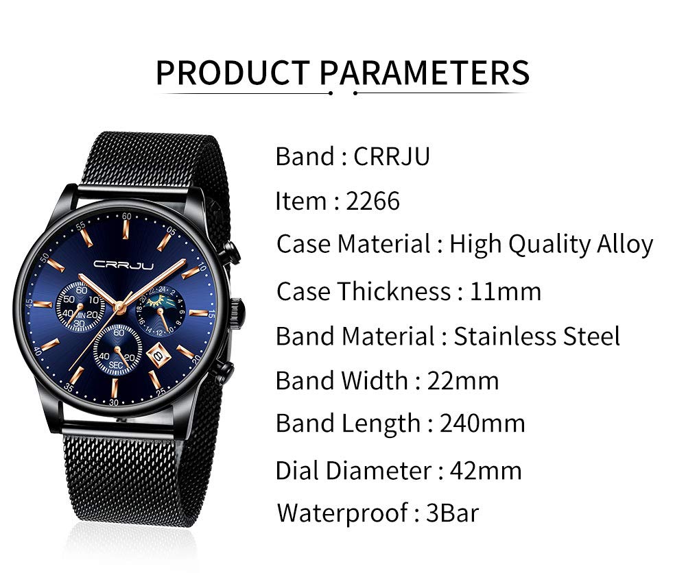 CRRJU Mens Watches Fashion Date Chronograph Watch Men Waterproof 30M Sports Quartz Watches