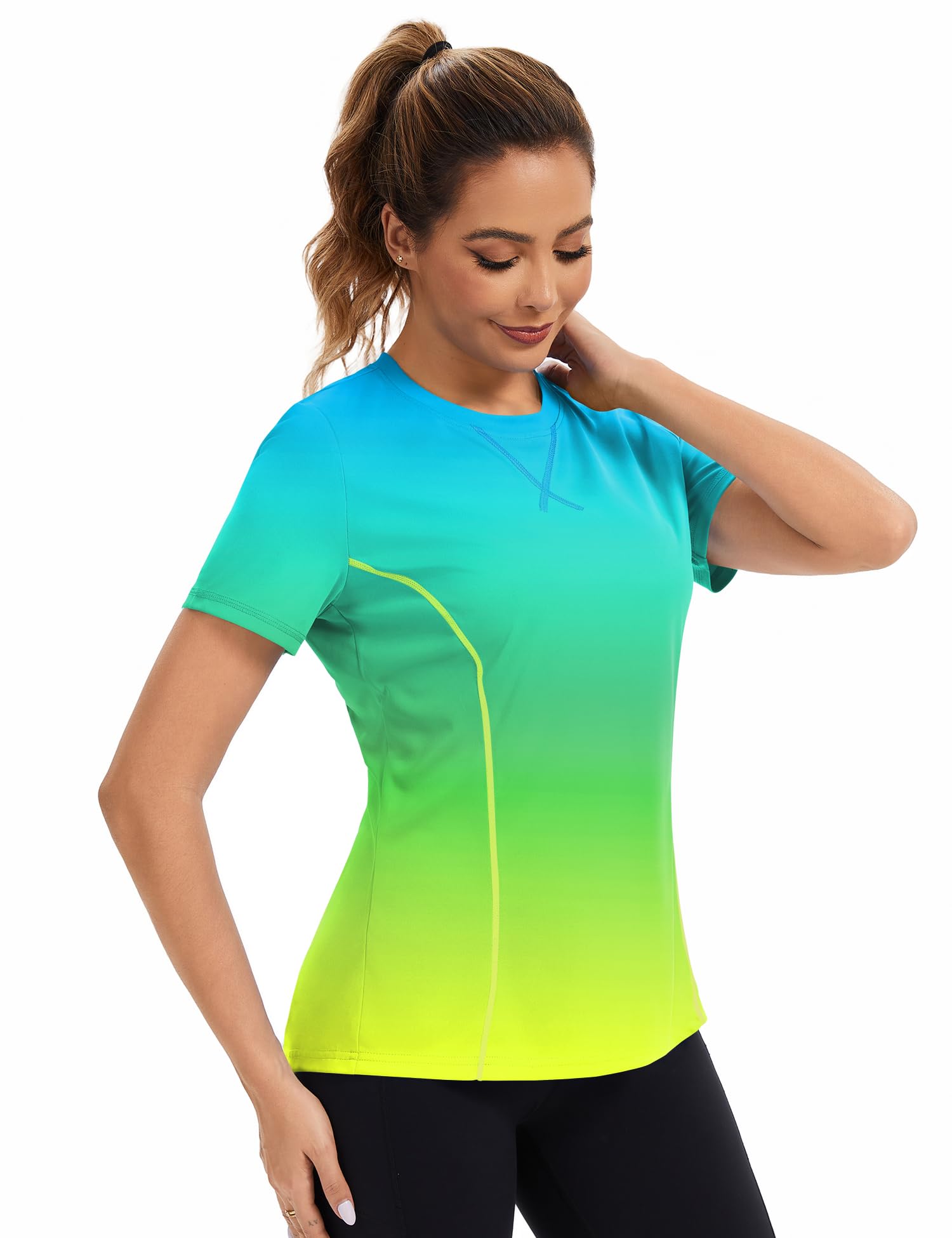 Avoogue Women's Activewear Short Sleeve UV Shirts Moisture Wicking Loose Workout Running Gym Tops Outfits Rashguard(Blue Gradient Yellow,S)