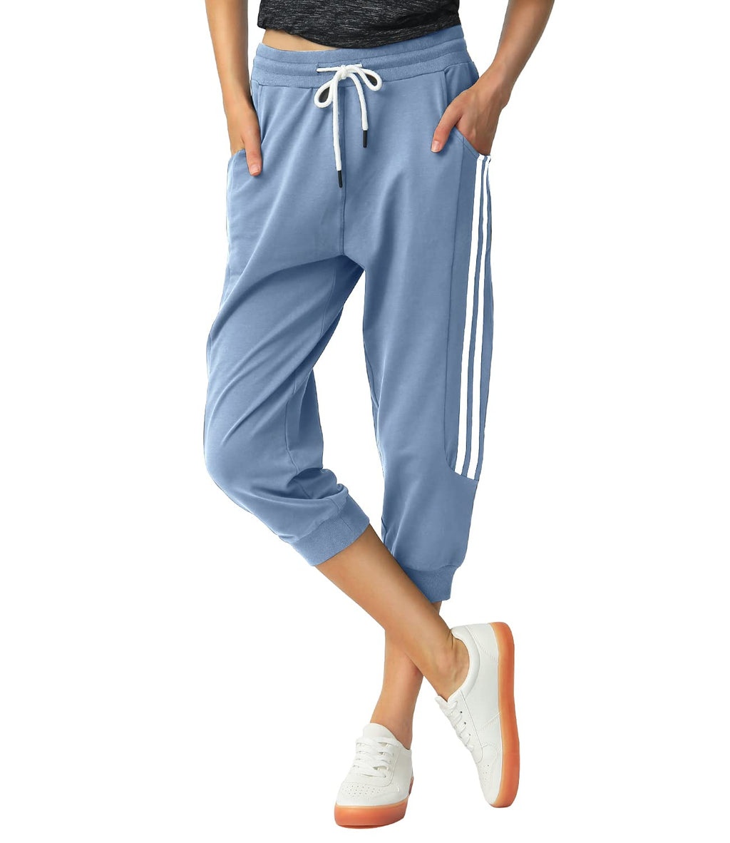 SPECIALMAGIC Women's Capri Pants Cropped Joggers with Pockets Elastic Waist Drawstring Capri Sweatpants Dusty Blue Large