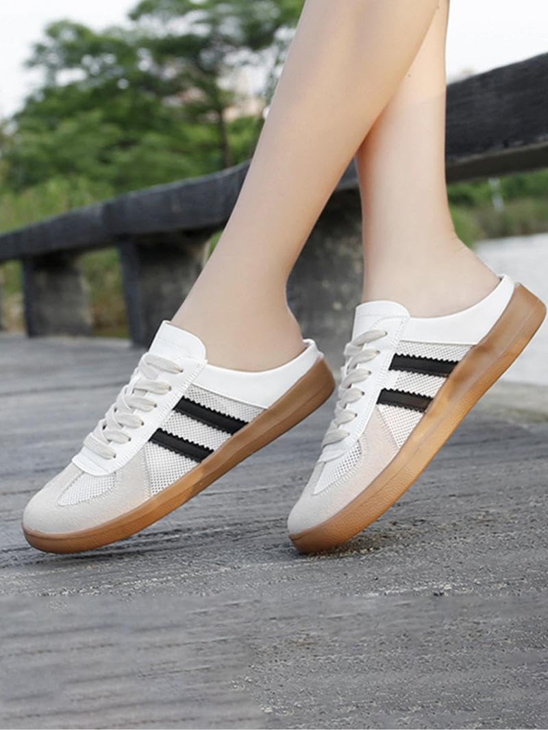 Geerta Women's Fashionable Contrast Mesh Design Lace Up Walking Shoes, Casual Slides Breathable Comfortable Sports Shoes, Female All-Match Round Toe Slip On for Daily Wear Girl (Black and White,6)