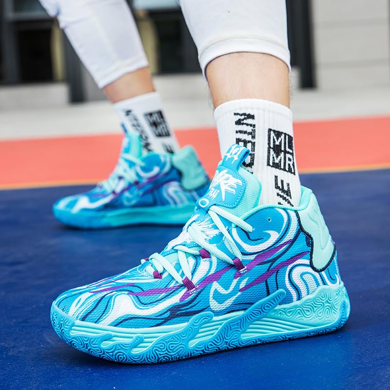 Womens Mens Basketball Shoes Breathable Fashion Colorful High Top Non Slip Outdoor Sport Sneakers for Woman Man Fitness Training Athletic Blue Size 9