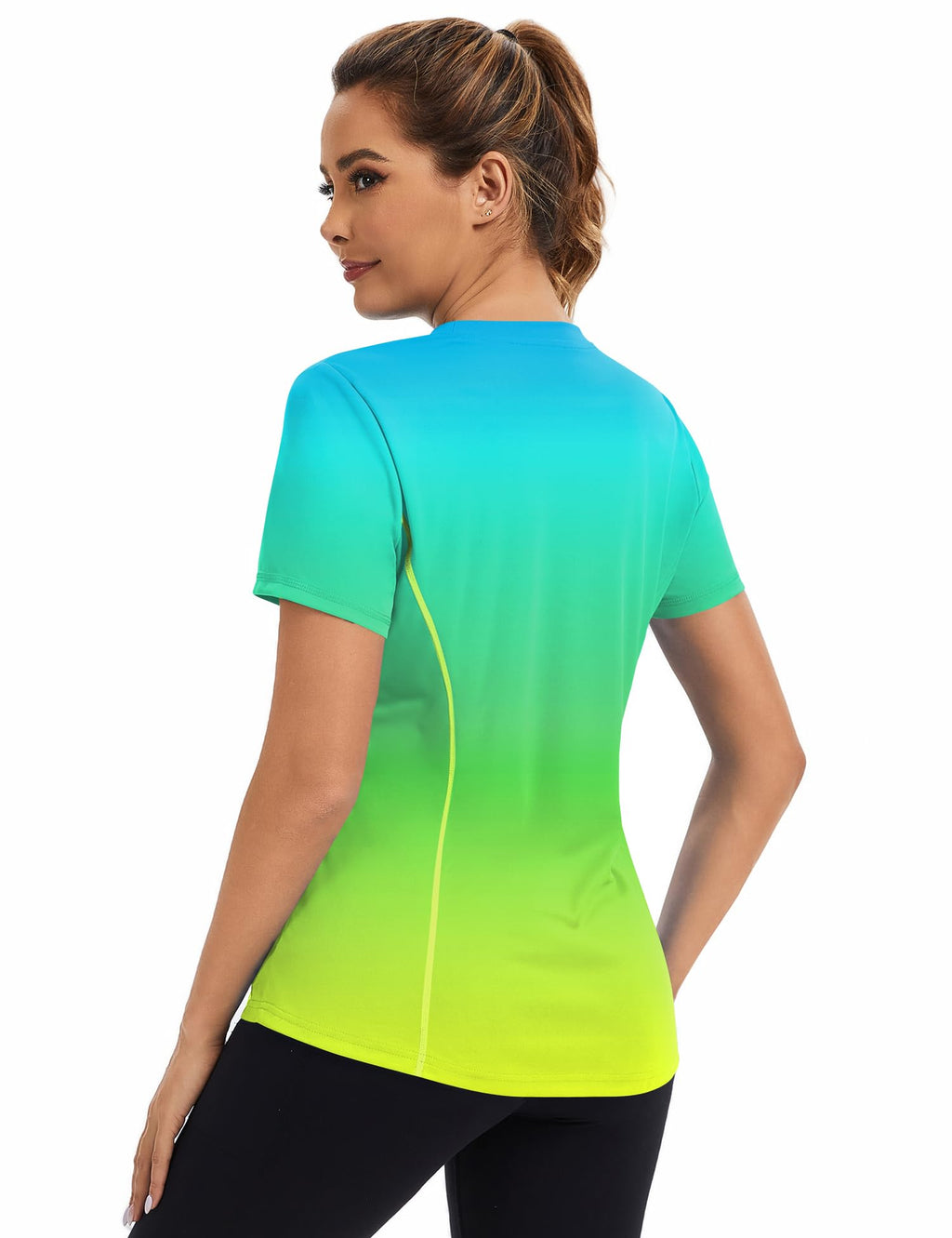 Avoogue Women's Activewear Short Sleeve UV Shirts Moisture Wicking Loose Workout Running Gym Tops Outfits Rashguard(Blue Gradient Yellow,S)