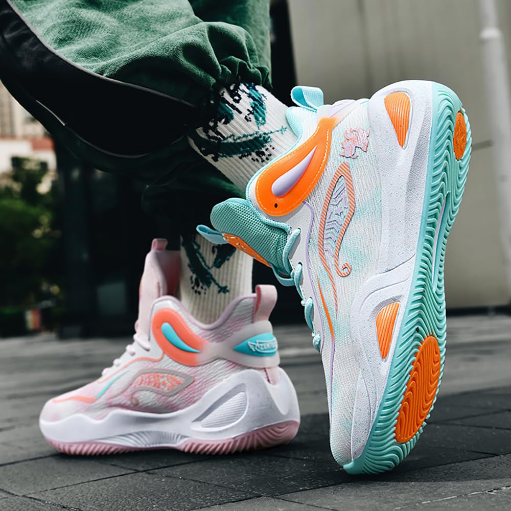 KIUSMETY Womens Mens Basketball Shoes High Top Fashion Volleyball Sneakers Breathable Lace Up Non Slip Sport Outdoor Shoe for Unisex Greenpink Size 8