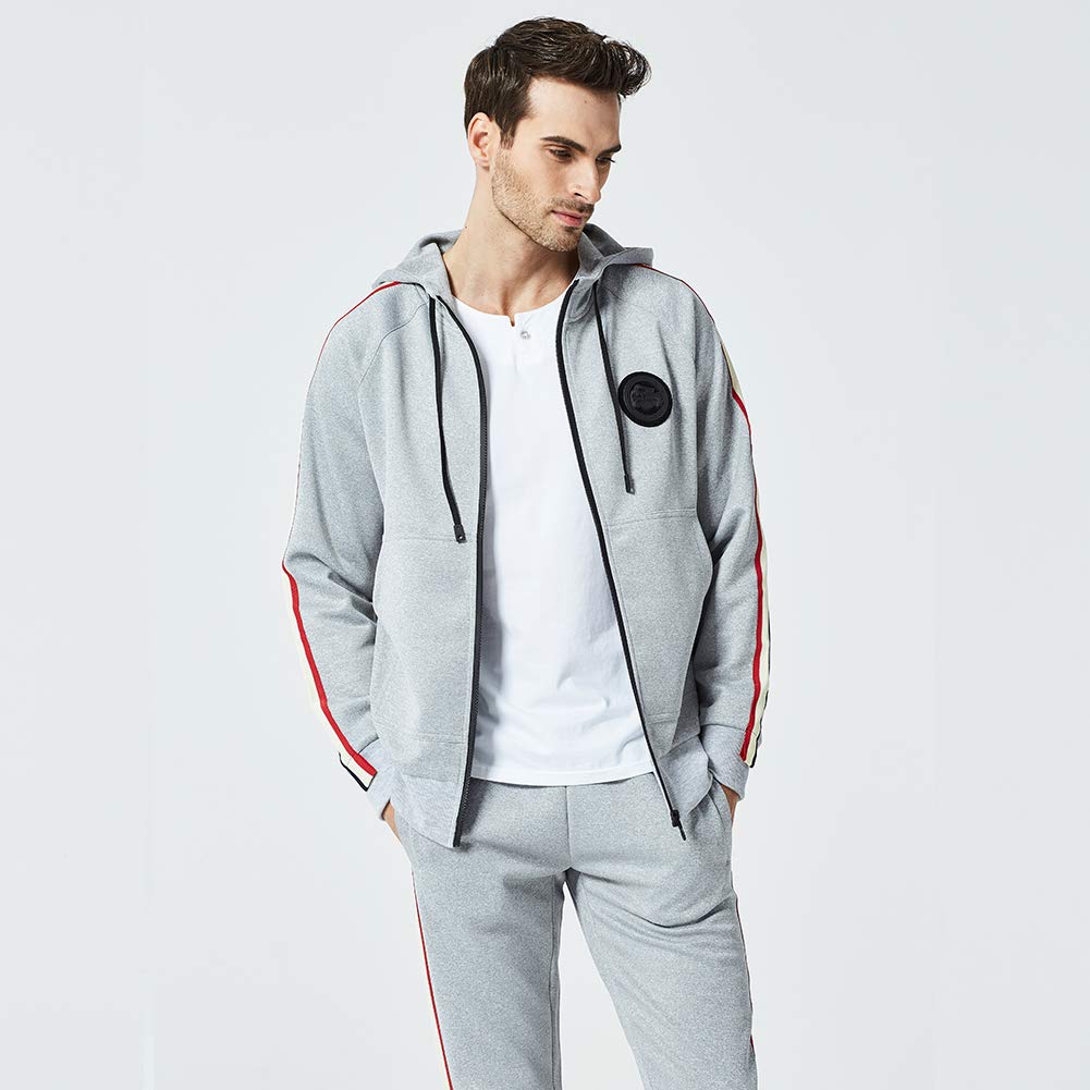 DUOFIER Men's Activewear Full Zip Warm Tracksuit Sports Set Casual Sweat Suit, Gray-L
