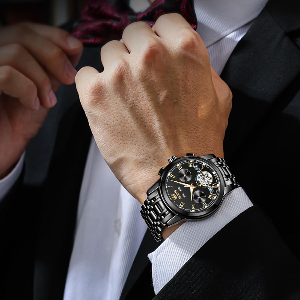 OLEVS Watch Men Skeleton Watch Self Winding Automatic Luxury Mechanical All Black Watches for Men Chronograph Wrist Watch Skeleton Sports Dress Analog Mens Watches Big Face Stainless Steel Relojes Automáticos Para Hombre Originales