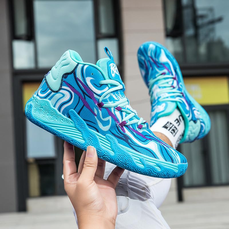 Womens Mens Basketball Shoes Breathable Fashion Colorful High Top Non Slip Outdoor Sport Sneakers for Woman Man Fitness Training Athletic Blue Size 9
