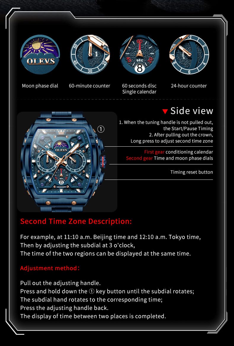 OLEVS Mens Watches Stylish Chronograph Waterproof Luminous Stainless Steel Multifunction Watches for Men Business Blue Men Wrist Watch