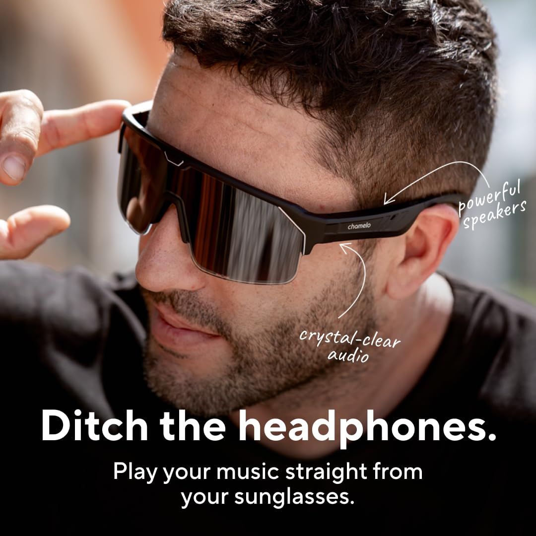 CHAMELO Music Shield Smart Audio Sunglasses – Matte Black Frame, Smoke Lenses | Open-Ear Bluetooth Glasses for Men & Women with Electronic Tint Control, Sweat Proof, Sports Eyewear, 100% UV Protection