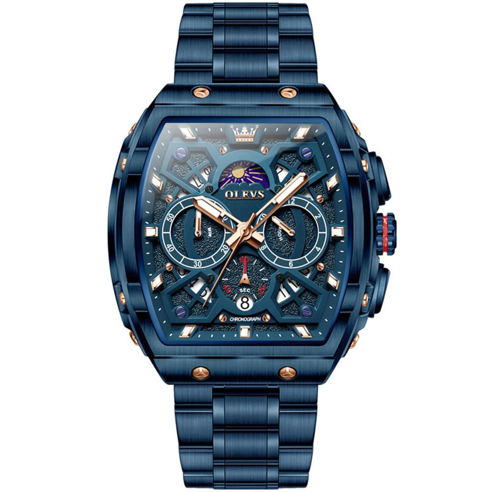 OLEVS Mens Watches Stylish Chronograph Waterproof Luminous Stainless Steel Multifunction Watches for Men Business Blue Men Wrist Watch