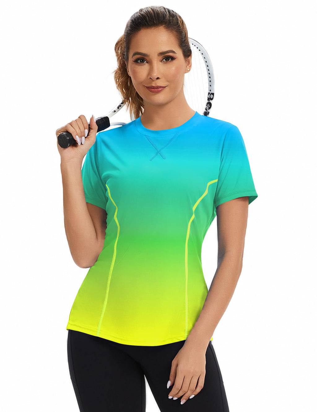 Avoogue Women's Activewear Short Sleeve UV Shirts Moisture Wicking Loose Workout Running Gym Tops Outfits Rashguard(Blue Gradient Yellow,S)