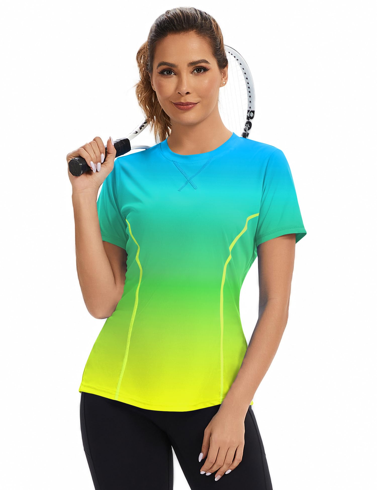 Avoogue Women's Activewear Short Sleeve UV Shirts Moisture Wicking Loose Workout Running Gym Tops Outfits Rashguard(Blue Gradient Yellow,S)