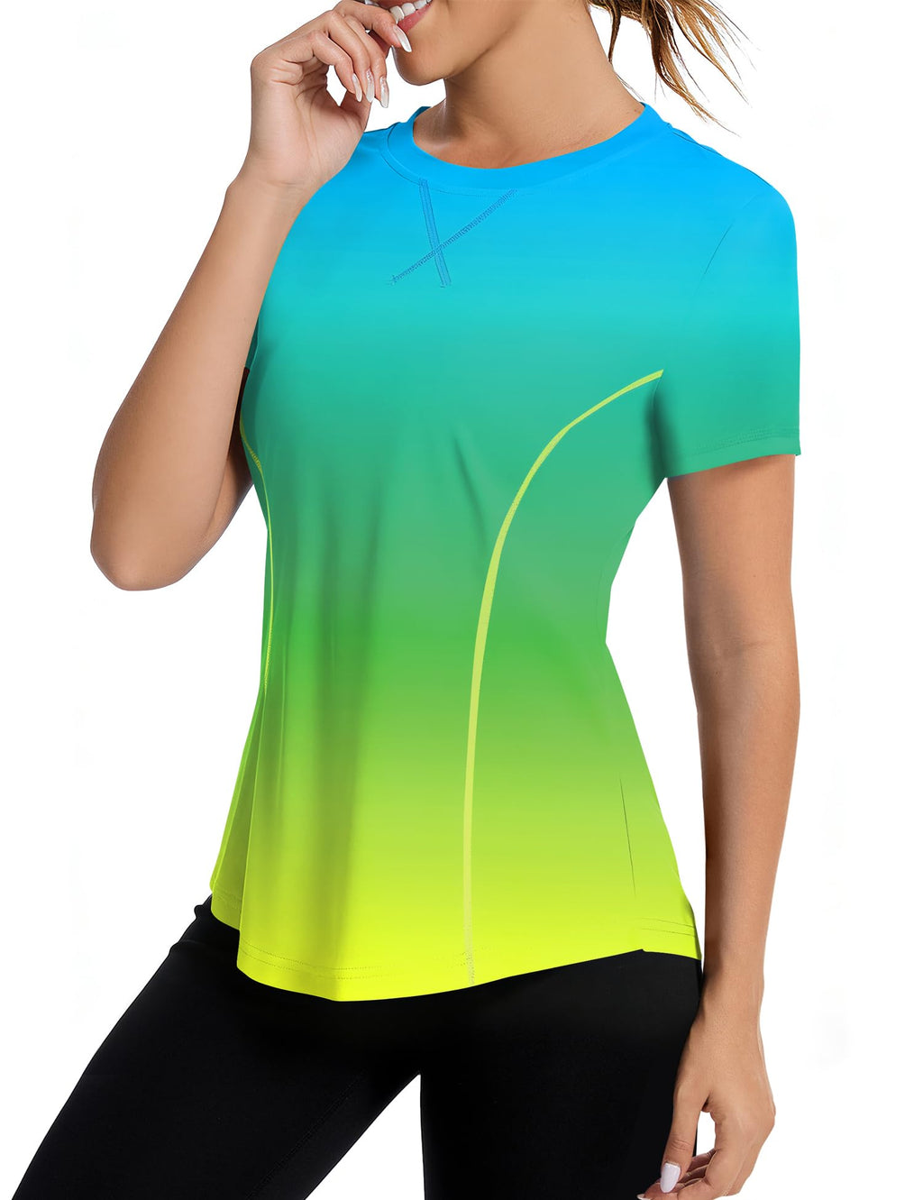 Avoogue Women's Activewear Short Sleeve UV Shirts Moisture Wicking Loose Workout Running Gym Tops Outfits Rashguard(Blue Gradient Yellow,S)