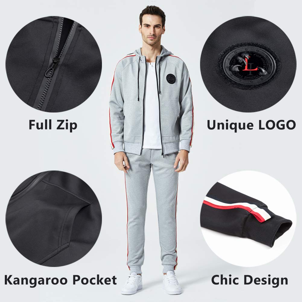 DUOFIER Men's Activewear Full Zip Warm Tracksuit Sports Set Casual Sweat Suit, Gray-L