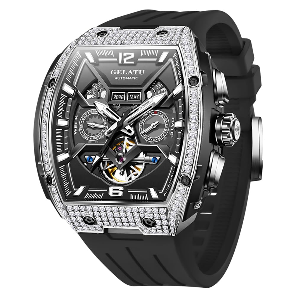 OLEVS GELATU Men Watch Automatic Tonneau Watch Skeleton Mechanical 50M Waterproof Sapphire Crystal Square Face Multi Calendar Function (Black)