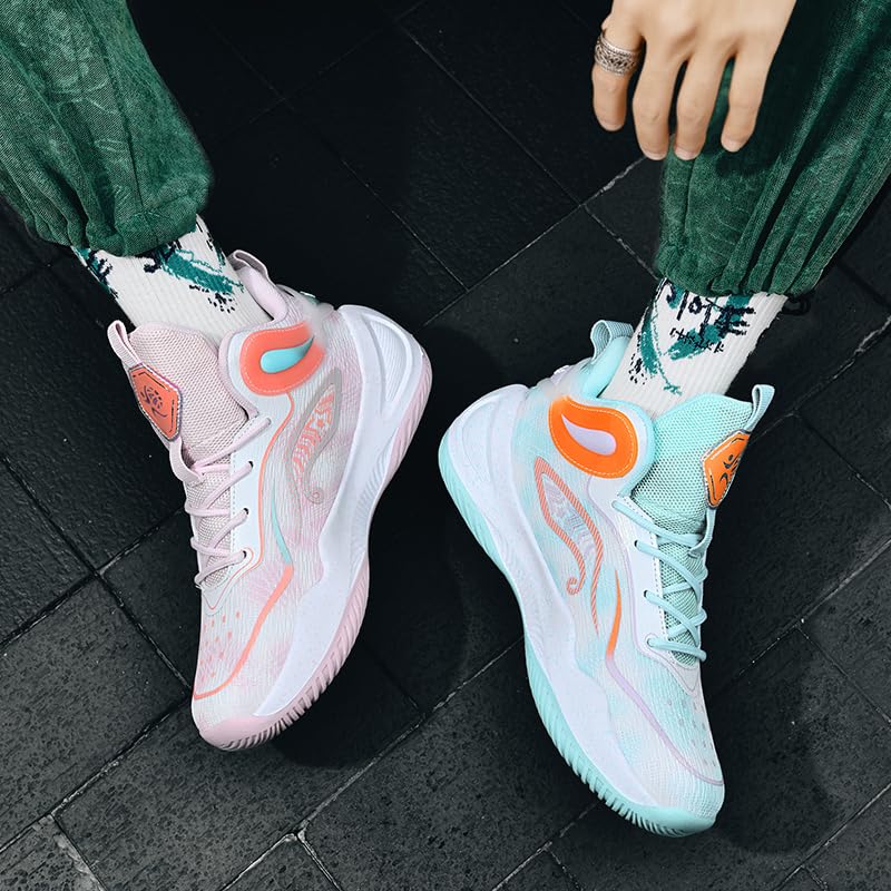 KIUSMETY Womens Mens Basketball Shoes High Top Fashion Volleyball Sneakers Breathable Lace Up Non Slip Sport Outdoor Shoe for Unisex Greenpink Size 8
