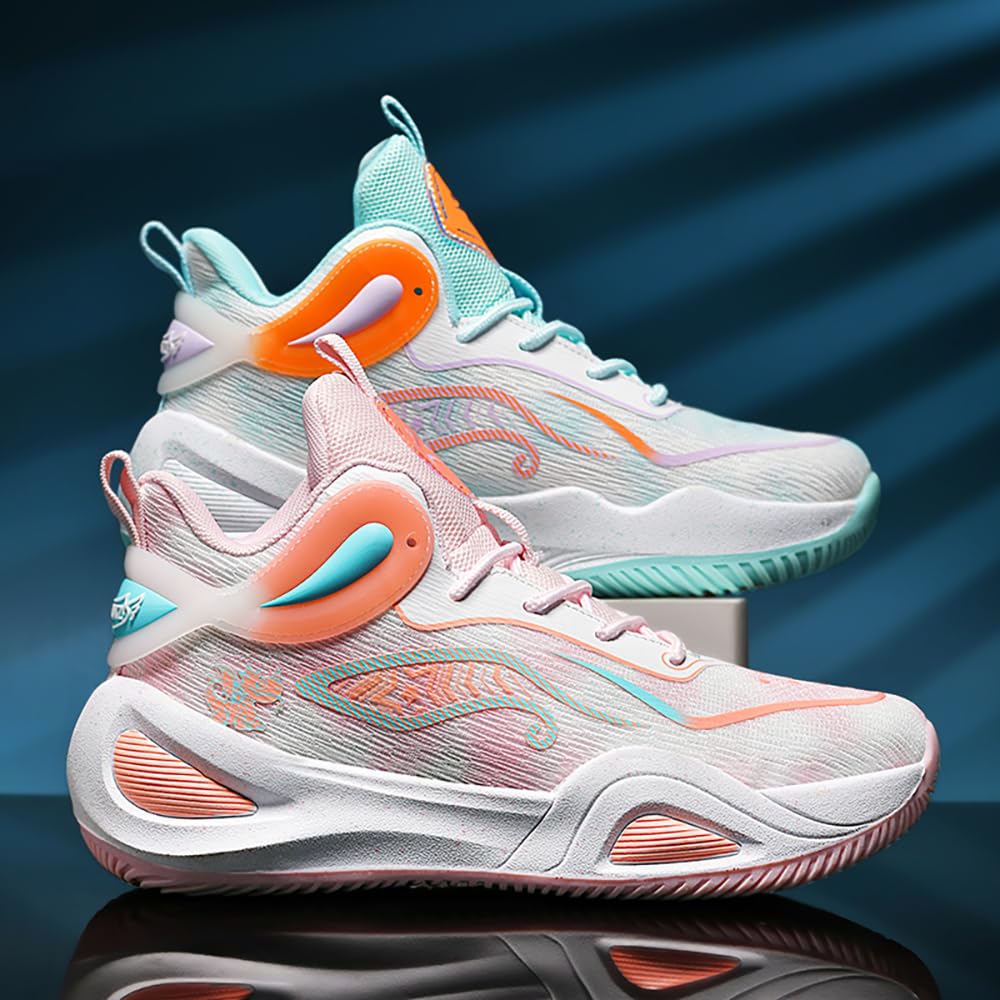 KIUSMETY Womens Mens Basketball Shoes High Top Fashion Volleyball Sneakers Breathable Lace Up Non Slip Sport Outdoor Shoe for Unisex Greenpink Size 8