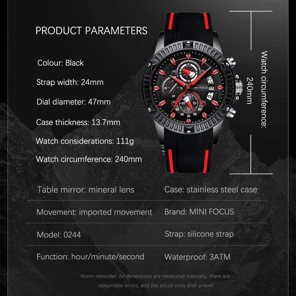 Men Watch, MINIFOCUS Chronograph Waterproof Sport Analog Quartz Watches Silicon Strap Fashion Wristwatch for Men