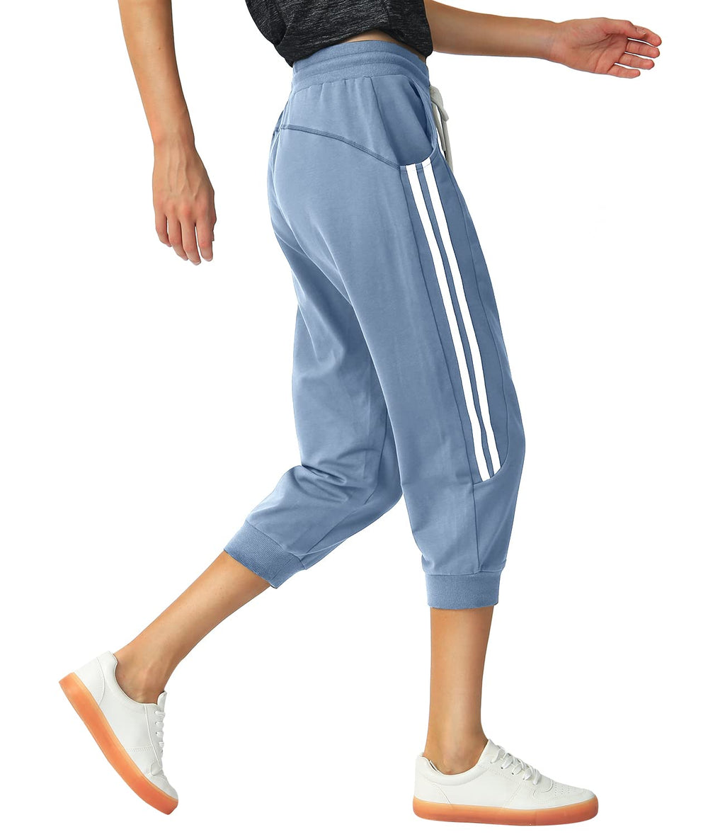 SPECIALMAGIC Women's Capri Pants Cropped Joggers with Pockets Elastic Waist Drawstring Capri Sweatpants Dusty Blue Large