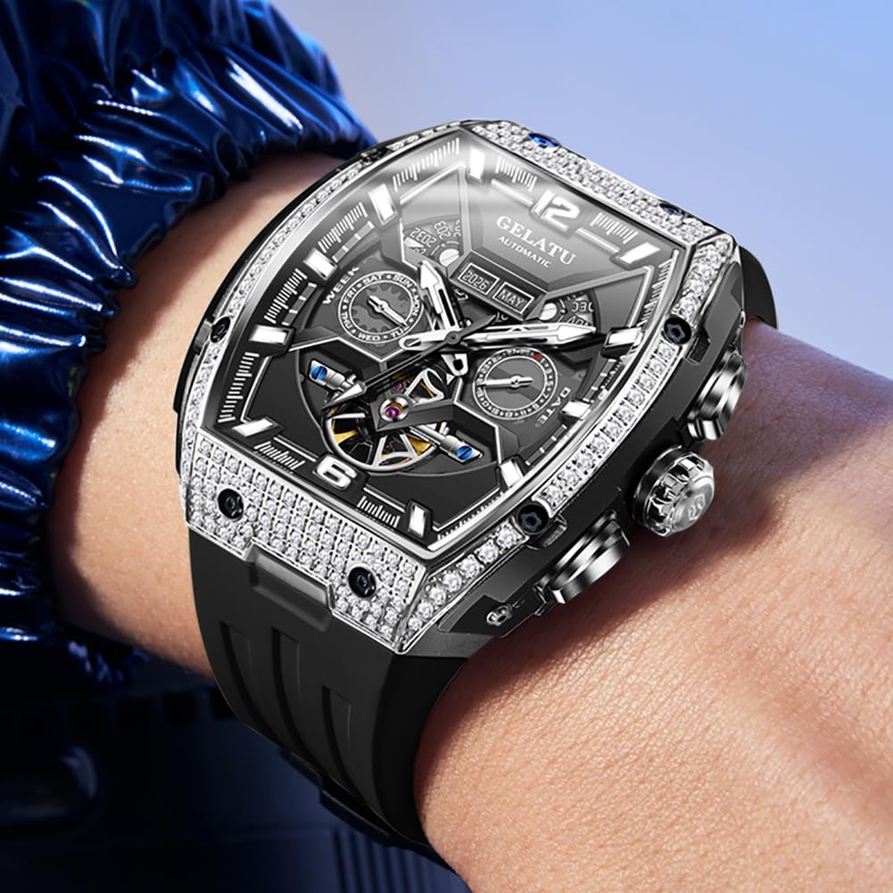 OLEVS GELATU Men Watch Automatic Tonneau Watch Skeleton Mechanical 50M Waterproof Sapphire Crystal Square Face Multi Calendar Function (Black)