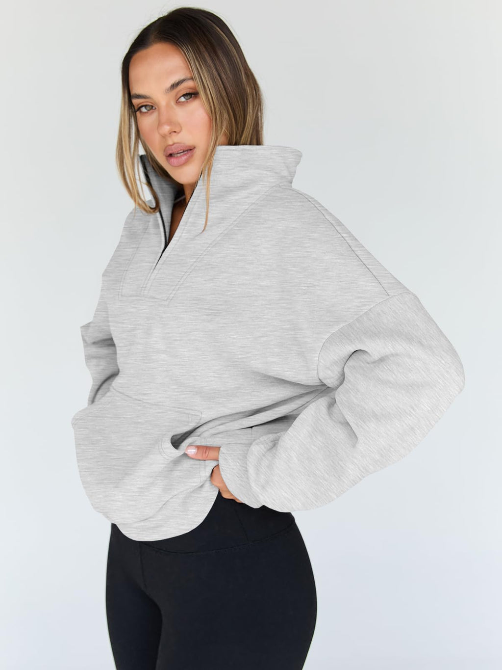 Trendy Queen Womens Sweatshirts Quarter Half Zip Pullover Hoodies Fall Fashion 2026 Winter Fleece Jackets Sweaters Y2k Teen Girls Clothes Cute Clothing Grey M