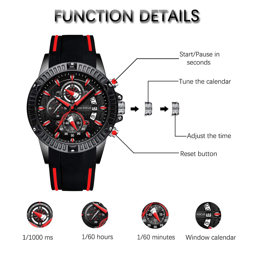 Men Watch, MINIFOCUS Chronograph Waterproof Sport Analog Quartz Watches Silicon Strap Fashion Wristwatch for Men
