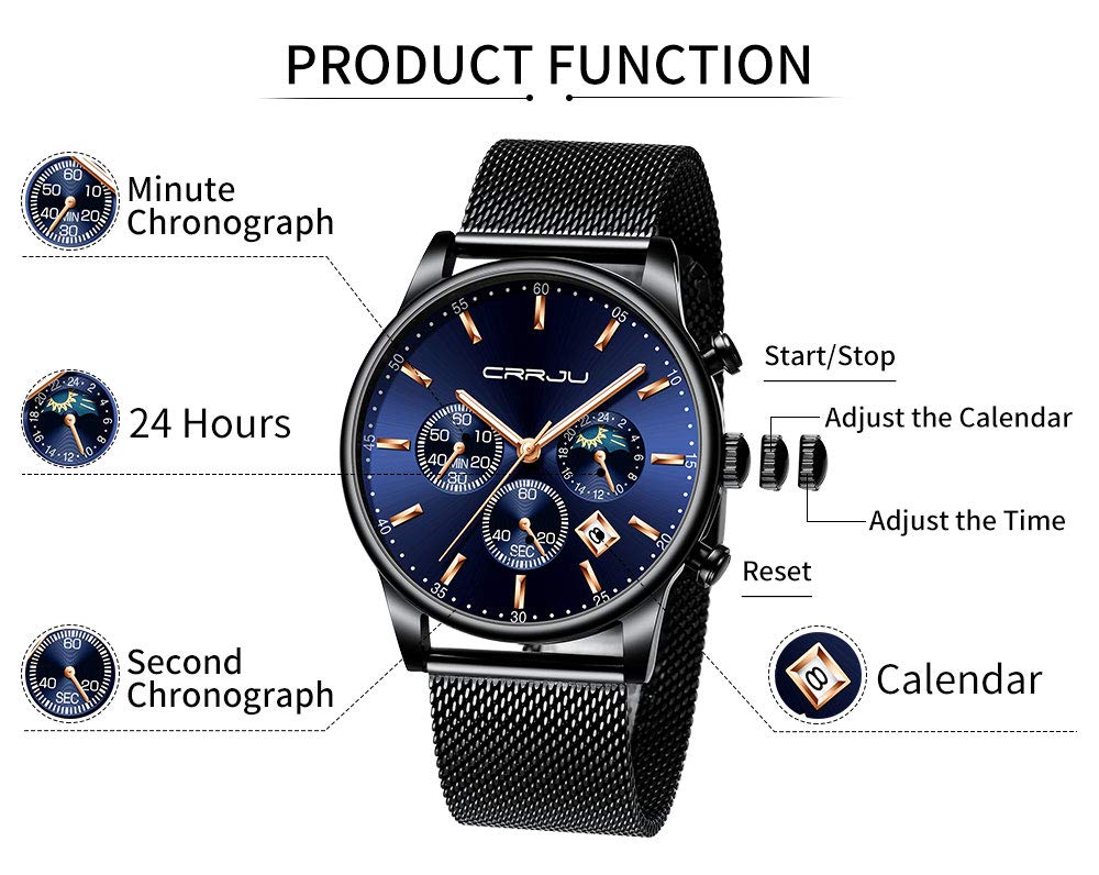 CRRJU Mens Watches Fashion Date Chronograph Watch Men Waterproof 30M Sports Quartz Watches