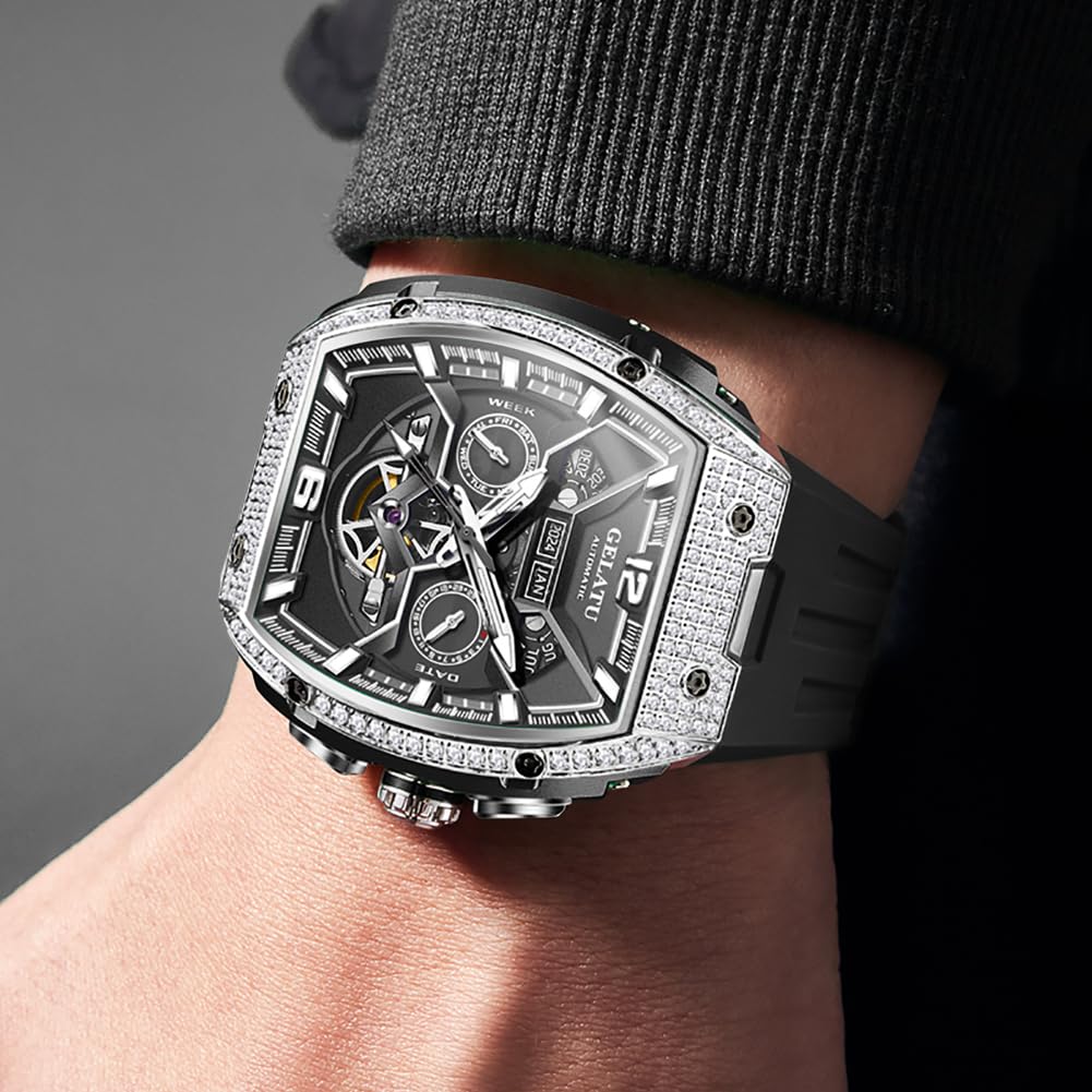 OLEVS GELATU Men Watch Automatic Tonneau Watch Skeleton Mechanical 50M Waterproof Sapphire Crystal Square Face Multi Calendar Function (Black)