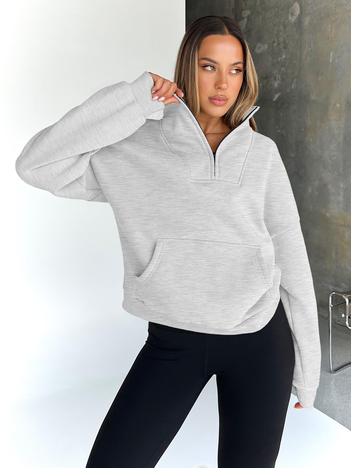 Trendy Queen Womens Sweatshirts Quarter Half Zip Pullover Hoodies Fall Fashion 2026 Winter Fleece Jackets Sweaters Y2k Teen Girls Clothes Cute Clothing Grey M