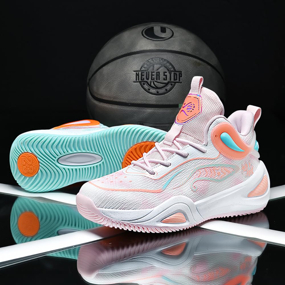 KIUSMETY Womens Mens Basketball Shoes High Top Fashion Volleyball Sneakers Breathable Lace Up Non Slip Sport Outdoor Shoe for Unisex Greenpink Size 8