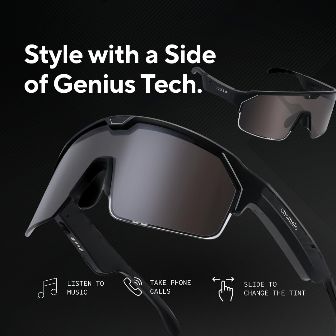 CHAMELO Music Shield Smart Audio Sunglasses – Matte Black Frame, Smoke Lenses | Open-Ear Bluetooth Glasses for Men & Women with Electronic Tint Control, Sweat Proof, Sports Eyewear, 100% UV Protection