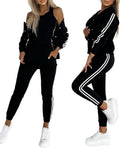 CHICME Women's Three Piece Outfits Striped Tape Patch Tank Tops Bomber Jacket with Sporty Pants Tracksuit Lounge Sets-bk-L