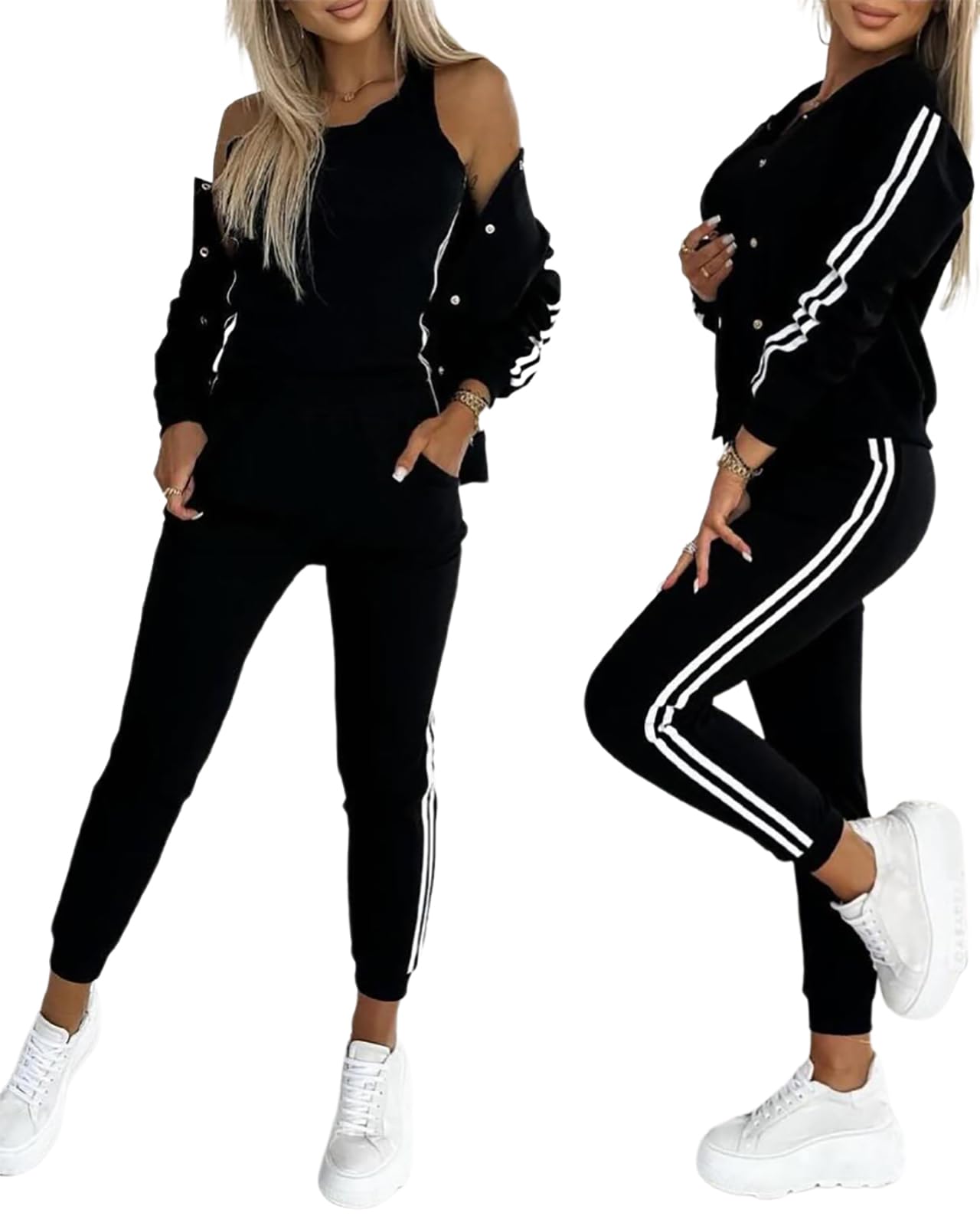 CHICME Women's Three Piece Outfits Striped Tape Patch Tank Tops Bomber Jacket with Sporty Pants Tracksuit Lounge Sets-bk-L