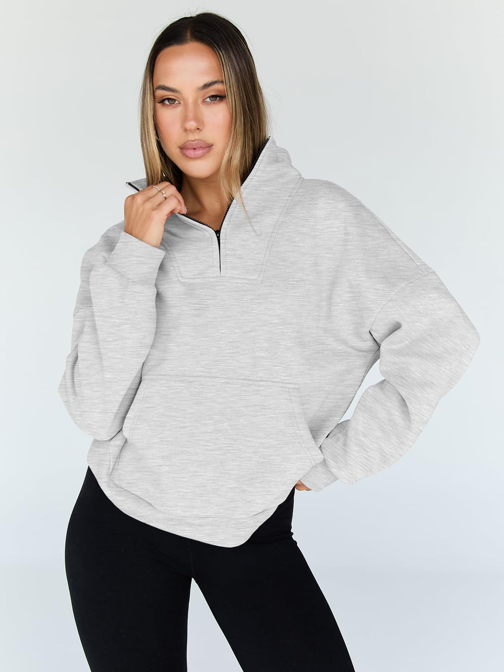 Trendy Queen Womens Sweatshirts Quarter Half Zip Pullover Hoodies Fall Fashion 2026 Winter Fleece Jackets Sweaters Y2k Teen Girls Clothes Cute Clothing Grey M