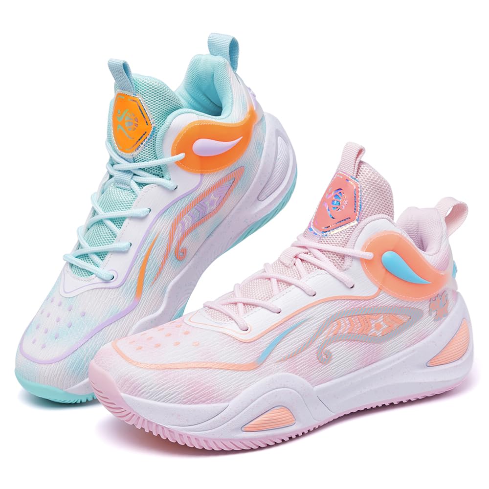 KIUSMETY Womens Mens Basketball Shoes High Top Fashion Volleyball Sneakers Breathable Lace Up Non Slip Sport Outdoor Shoe for Unisex Greenpink Size 8