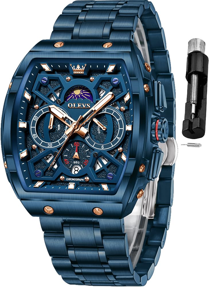 OLEVS Mens Watches Stylish Chronograph Waterproof Luminous Stainless Steel Multifunction Watches for Men Business Blue Men Wrist Watch