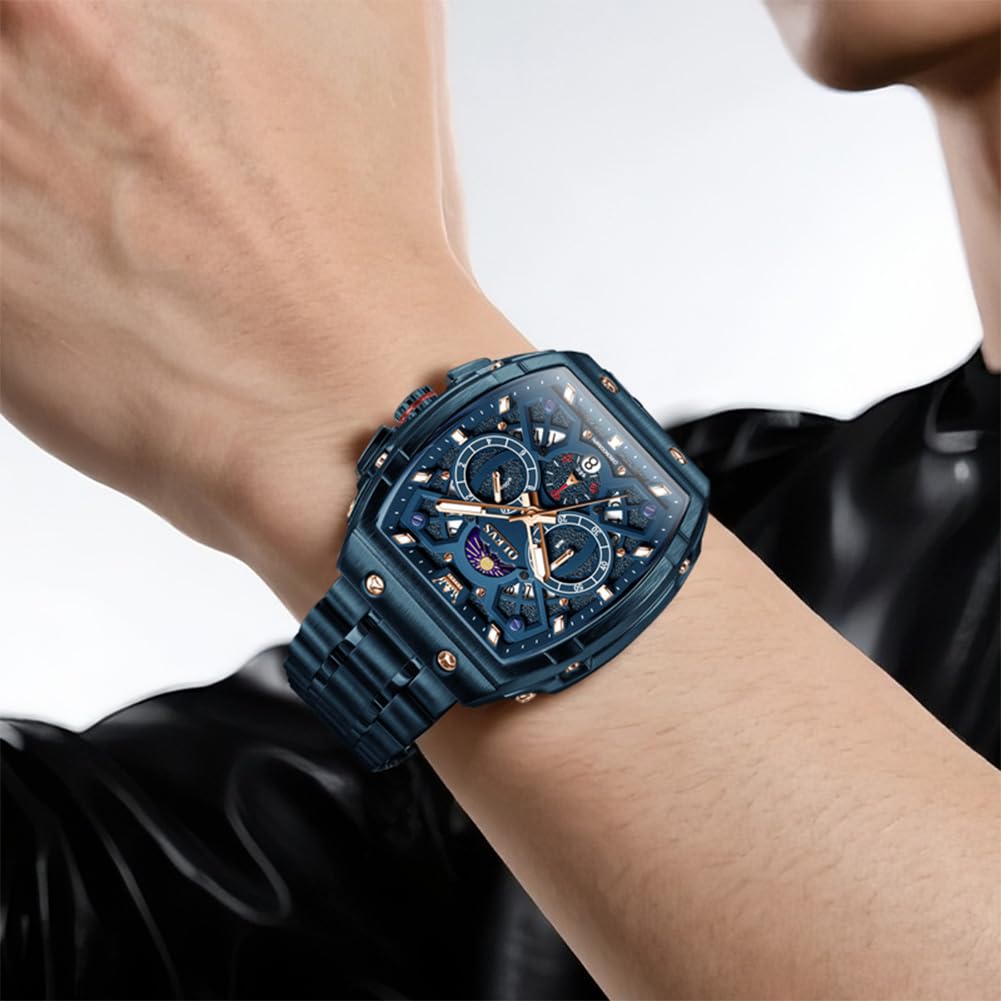 OLEVS Mens Watches Stylish Chronograph Waterproof Luminous Stainless Steel Multifunction Watches for Men Business Blue Men Wrist Watch