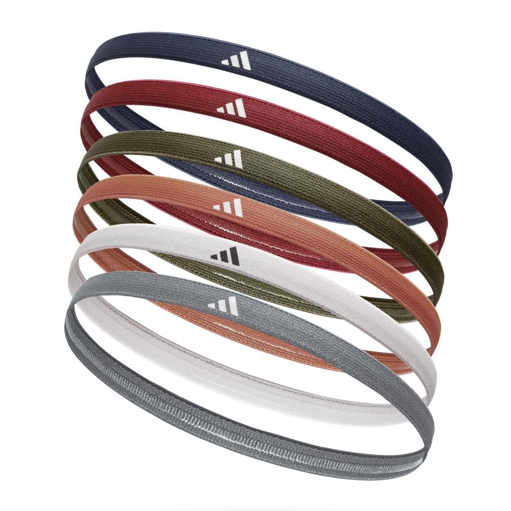 adidas Hairband Set - 6 Thin - Neutral Multi- Grey, White, Clay, Olive, Red, Navy