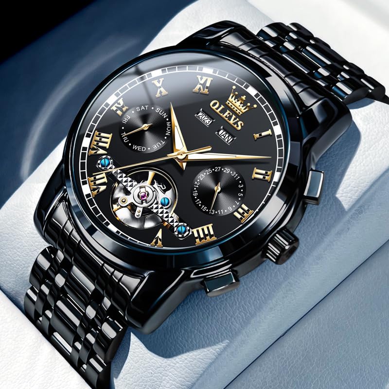 OLEVS Watch Men Skeleton Watch Self Winding Automatic Luxury Mechanical All Black Watches for Men Chronograph Wrist Watch Skeleton Sports Dress Analog Mens Watches Big Face Stainless Steel Relojes Automáticos Para Hombre Originales