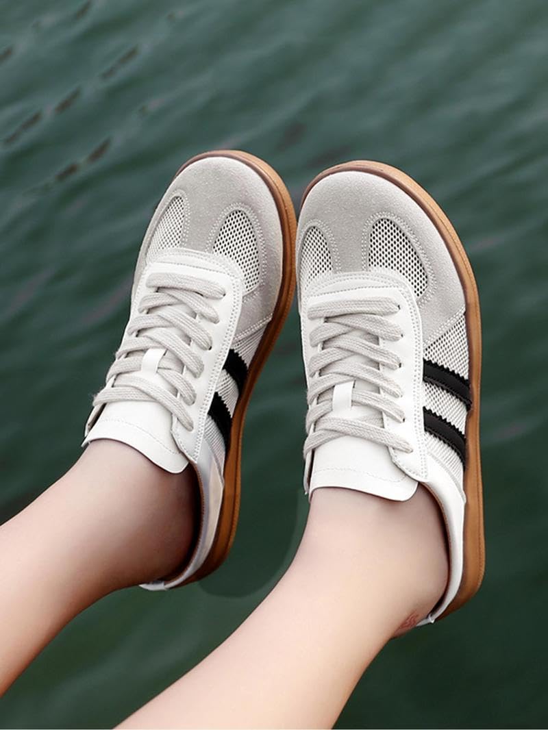 Geerta Women's Fashionable Contrast Mesh Design Lace Up Walking Shoes, Casual Slides Breathable Comfortable Sports Shoes, Female All-Match Round Toe Slip On for Daily Wear Girl (Black and White,6)