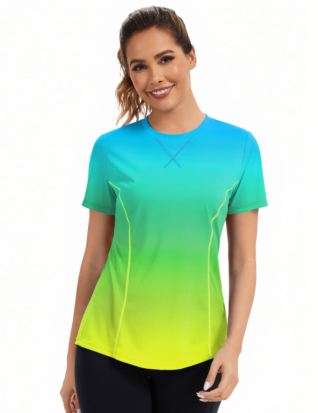 Avoogue Women's Activewear Short Sleeve UV Shirts Moisture Wicking Loose Workout Running Gym Tops Outfits Rashguard(Blue Gradient Yellow,S)
